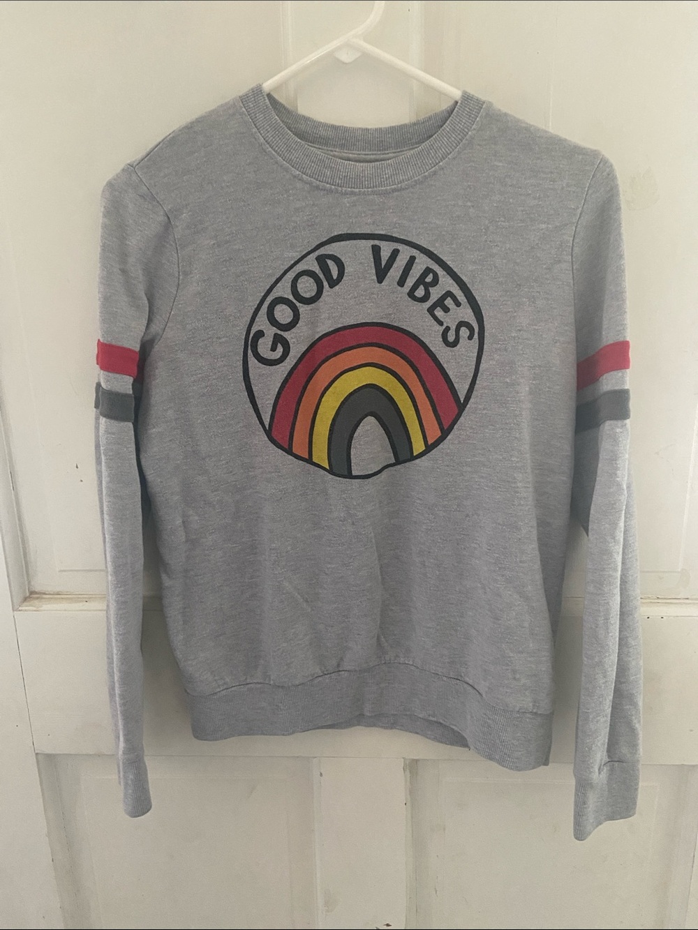 Mighty Fine Gray Sweatshirt "Good Vibes" Rainbow Graphic